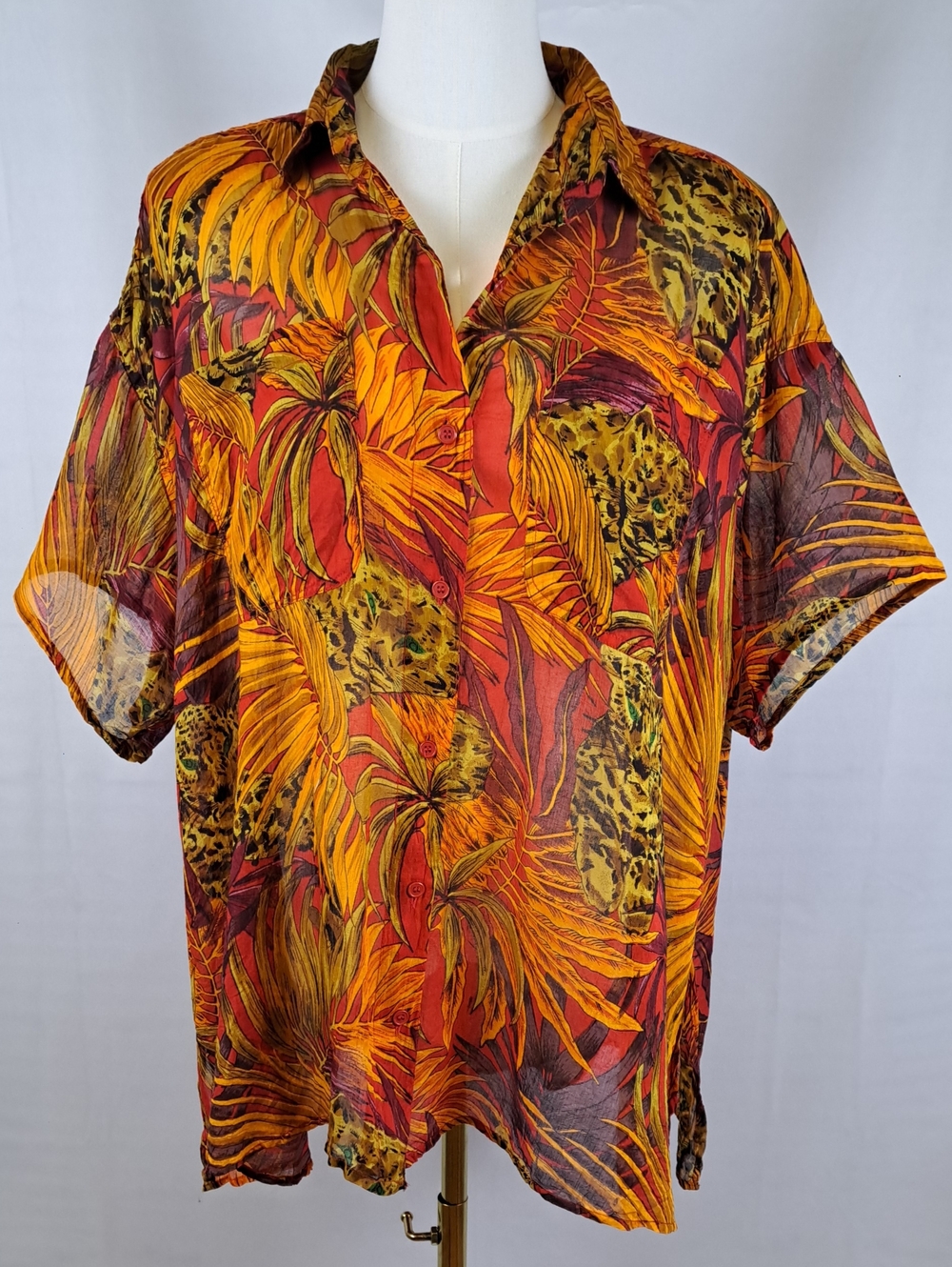 Tropical Print Short-Sleeve Button-Down Shirt — Orange & Yellow